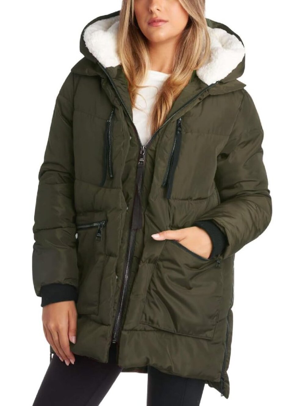 Steve Madden Women's Olive Cozy Faux Sherpa Hood Mid Length Puffer Jackets